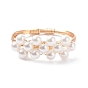 Glass Pearl Braided Bead Ring, Copper Wire Wrap Ring for Women, Light Gold