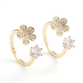 Adjustable Brass Micro Pave Clear Cubic Zirconia Cuff Rings, Open Rings, Flower, Long-Lasting Plated