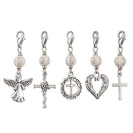 Alloy Angel & Cross Pendant Decoration, Round Acrylic Beads and Lobster Claw Clasps Charms for Bag Ornaments