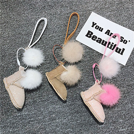 Mini Ferret Fur Ball Keychain with Everlasting Flower Decoration for Women's Bags and Purses