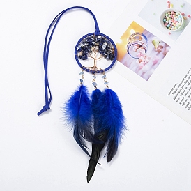 Flat Round with Tree of Life Natural Lapis Lazuli Chip Pendant Decoration, Woven Net/Web with Feather Car Hanging Decoration