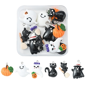 12 pcs 6 styles pendentifs en résine opaque halloween, charme d'Halloween, avec boucles en fer couleur platine, chat et fantôme avec chapeau et citrouille et fantôme