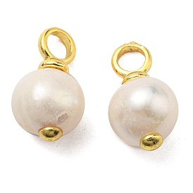 Natural Pearl Pendeants, Round Charms with Rack Plating Brass Findings, Lead Free & Cadmium Free, Long-Lasting Plated
