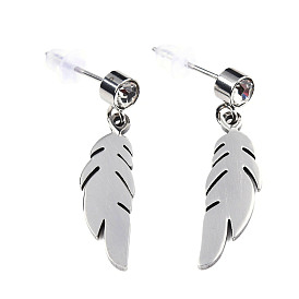 201 Stainless Steel Dangle Stud Earrings, with Clear Cubic Zirconia, Feather