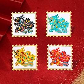 Chinese Style Alloy Enamel Pins, Square with Dragon Stamp Brooch