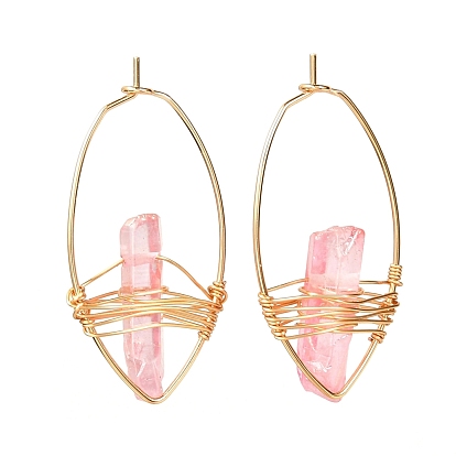 Electroplated Natural Quartz Wire Wrapped Earrings for Girl Women, Golden Horse Eye Shape Brass Hoop Earrings