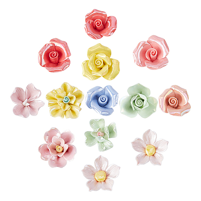13Pcs Handmade Porcelain Beads, Flower