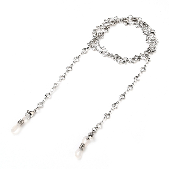 304 Stainless Steel Eyeglasses Chains, Neck Strap for Eyeglasses, with Heart Link Chains, Lobster Claw Clasps and Rubber Loop Ends