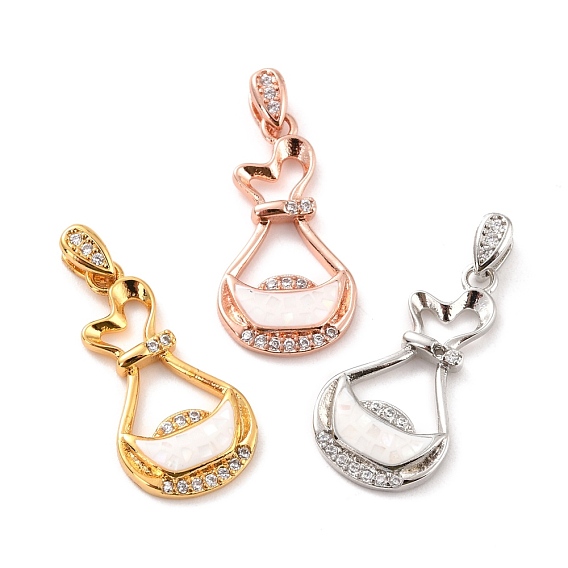 Natural Shell Pendants, with Clear Cubic Zirconia and Brass Findings, Long-Lasting Plated, Bag
