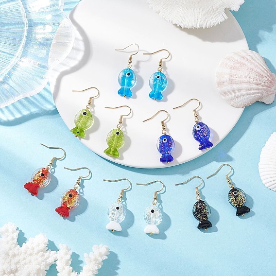 6пара серег-лампворк ручной работы в виде рыбок из фольги, золотые