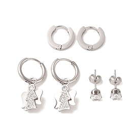 3 Pairs 3 Styles 304 Stainless Steel Hoop & Studs Earrings Set for Women, with Clay Rhinestone & Cubic Zirconia, Angle Dangle Earrings