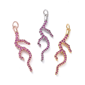 Brass Micro Pave Cubic Zirconia Pendants, Long-Lasting Plated, Real 18K Gold Plated, Branch, Hot Pink