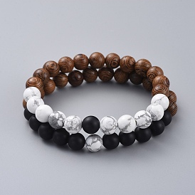 Unisex Stretch Bracelet Sets, with Gemstone Beads and Wood Beads