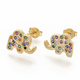 Brass Micro Pave Colorful Cubic Zirconia Stud Earrings, with Earring Backs, Elephant, Real 16K Gold Plated