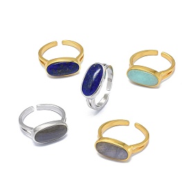 Adjustable Natural Gemstone Finger Rings, with Brass Findings, Oval