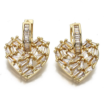 Brass Micro Pave Clear Cubic Zirconia Dangle Huggie Hoop Earrings, Nickel Free, Heart