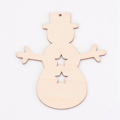 Undyed Wooden Pendants, Snowman, for Christmas Theme