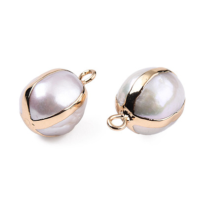 Electroplate Natural Baroque Pearl Keshi Pearl Pendants, Cultured Freshwater Pearl, with Iron Findings, Oval Charm