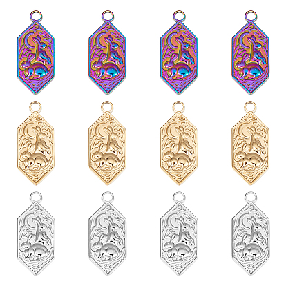 12 шт. 3 цвета 304 подвески из нержавеющей стали, шестиугольник с кроликом