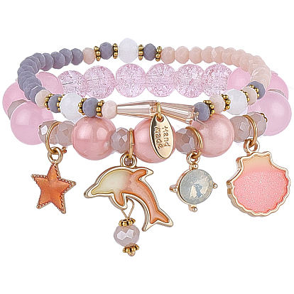 1Bag Plastic & Glass Beaded Stretch Bracelets, Alloy Enamel Charms Bracelets for Women, Dolphin, Golden, with 1Pc Drawstring Bags