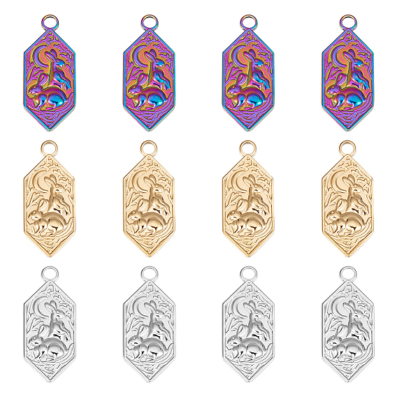 12 шт. 3 цвета 304 подвески из нержавеющей стали, шестиугольник с кроликом