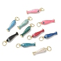 Colgantes de esmalte de bronce, encantos de pescado, con anillo de salto, larga duración plateado, chapado en rack, sin plomo y el cadmio, real 18 k chapado en oro