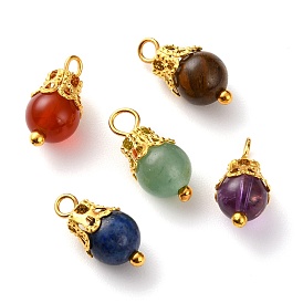 Mixed Stone Links Connectors, with Golden Tone Iron Bead Caps and Brass Ball Head pins, Round