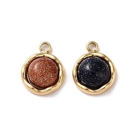 Synthetic Goldstone Half Round Charms, with 304 Stainless Steel Findings, Real 14K Gold Plated