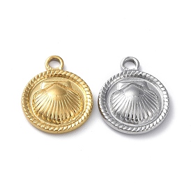304 Stainless Steel Pendants, Flat Round with Shell Charm