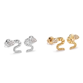 Brass Micro Pave Clear Cubic Zirconia Stud Earrings, with Ear Nuts, Long-Lasting Plated, Snake