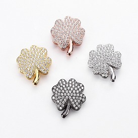 Brass Micro Pave Cubic Zirconia Slide Charms, Long-Lasting Plated, Cadmium Free & Nickel Free & Lead Free, Clover