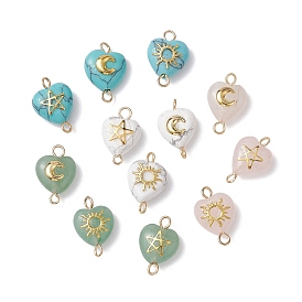 Mixed Gemstone Heart Links Connector Charms with Golden Tone Sun Moon Star Metal Slices