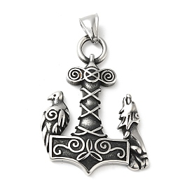 304 Stainless Steel Manual Polishing Pendants, Thor's Hammer with Crow & Wolf