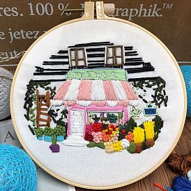 DIY Flower Shop Pattern Embroidery Starter Kit, Cross Stitch Kit Including Imitation Bamboo Frame, Carbon Steel Pins, Cloth and Colorful Threads