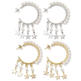 2 Pairs 2 Colors Star Shell Pearl Dangle Stud Earrings, with 304 Stainless Steel Stud Earring Findings