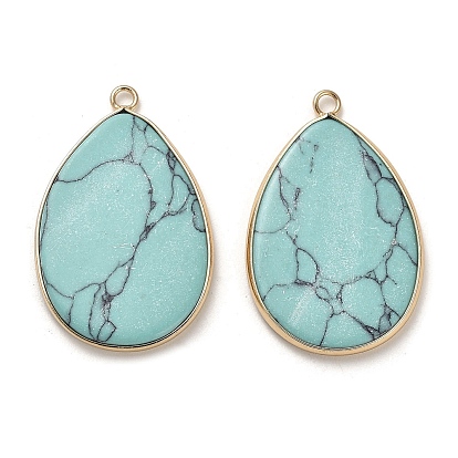 Dyed Synthetic Turquoise Pendants, Brass Teardrop Charms