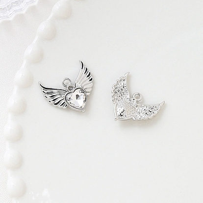 Platinum Alloy Rhinestone Pendants, Heart with Wing Charms