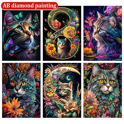 AB Color Flower Cat DIY Diamond Painting Kit, Including Resin Rhinestones Bag, Diamond Sticky Pen, Tray Plate and Glue Clay