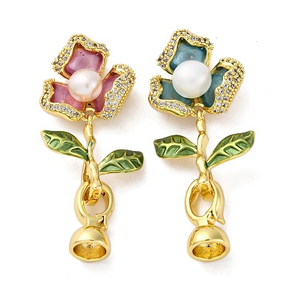 Латунное микропейв, прозрачный кубический цирконий, складные застежки, без кадмия, без никеля и без свинца, с натуральным жемчугом и эмалью, цветок