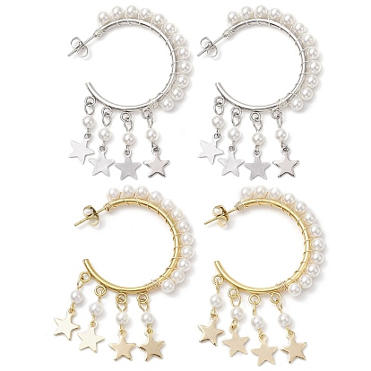 2 Pairs 2 Colors Star Shell Pearl Dangle Stud Earrings, with 304 Stainless Steel Stud Earring Findings