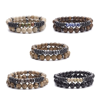 2Pcs 2 Style Natural Wood & Synthetic Hematite Beaded Stretch Bracelets Set with Gemstone, Yoga Jewelry for Women