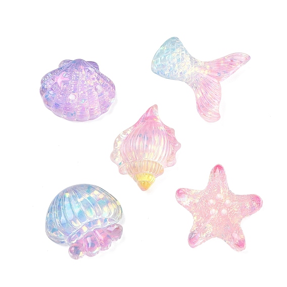 Gradient Color Marine Organism Theme Transparent Resin & Sequin Cabochons, Mixed Shapes