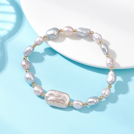 Женский эластичный браслет из натурального культивированного пресноводного жемчуга и латунных бусин, разнообразные, реальный 18 k позолоченный