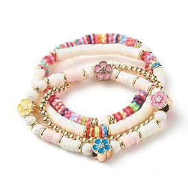 Ensemble de bracelets extensibles en perles heishi en argile polymère, bracelets de perles de laiton fleur, Bracelets diffuseurs d'huile de perles de roche de lave naturelle pour femmes
