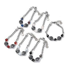 Bracelets de perles rondes en pierres précieuses naturelles mélangées, taille étoile, arbre de vie 201 bracelets en acier inoxydable pour femmes, couleur inox