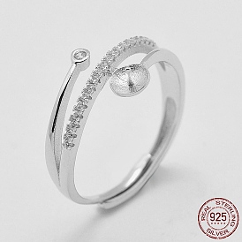 Adjustable 925 Sterling Silver Ring Components, For Half Drilled Beads, with Cubic Zirconia, Size 8