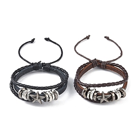 PU Leather & Waxed Cords Triple Layer Multi-strand Bracelets, Braided Adjustable Bracelet Alloy Star