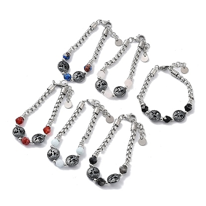 Natural Mixed Gemstone Star Cut Round Beaded Bracelets, Tree of Life 201 Stainless Steel Bracelets for Women, Stainless Steel Color