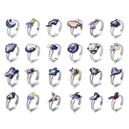 Adjustable Iron Changing Mood Rings, with Brass Findings, Cartoon, Mixed Size, Platinum, 16~20mm Inner Diameter, 100pcs/box