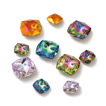 Glass Rhinestone Cabochons, Point Back & Back Plated, Faceted, Square